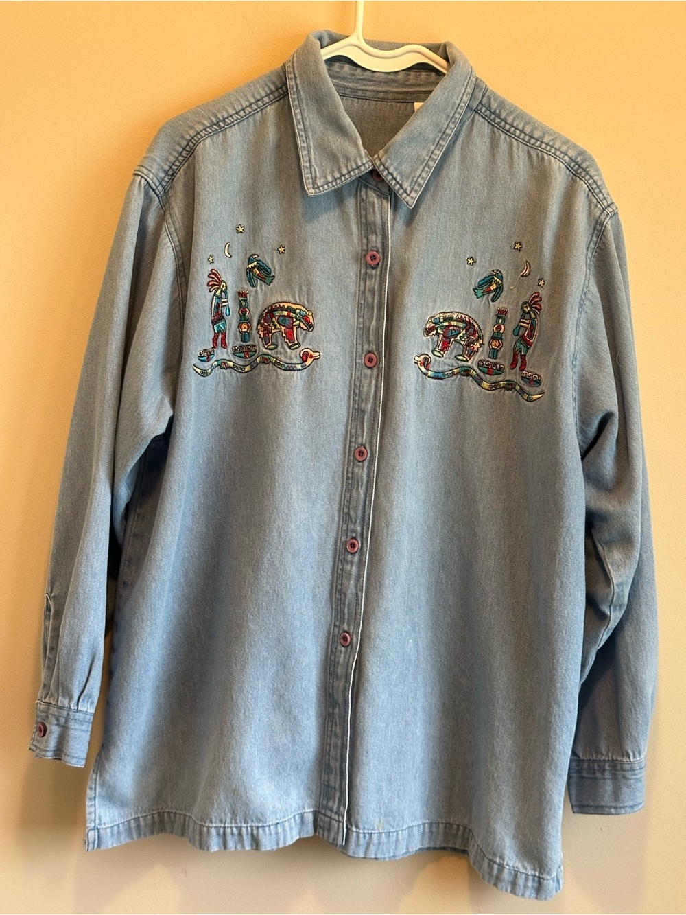Vtg JJT Women’s XL Lightweight Cotton Denim Kokopelli Button Down Long Sleeve